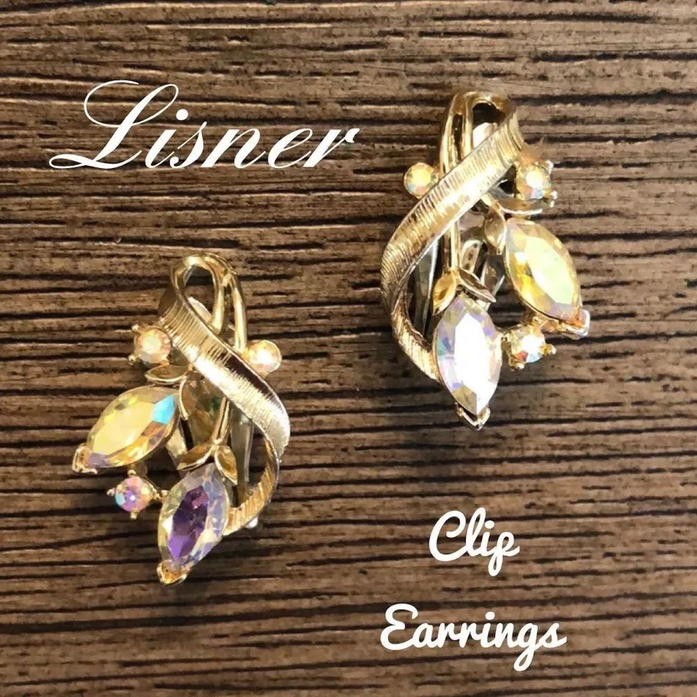 Vtg. Lisner Aurora Borealis Goldtone Clip Earrings